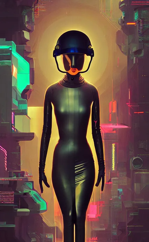 Image similar to portrait of a cyberpunk girl with futuristic helmet and with very tight black latex dress by Petros Afshar and Beeple, James Gilleard, Mark Ryden, Wolfgang Lettl highly detailed