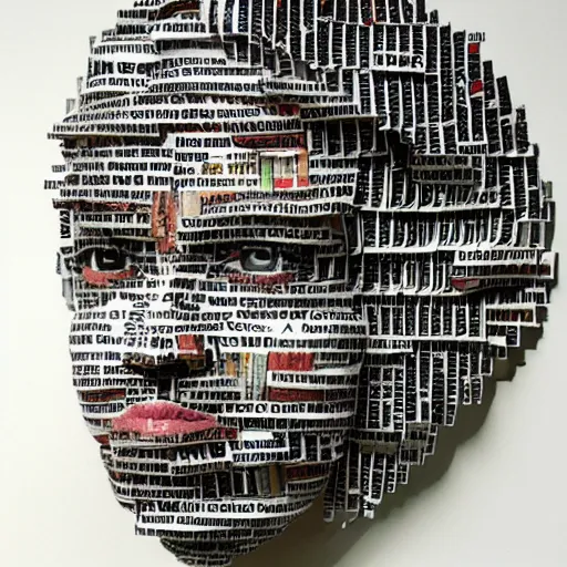 Prompt: portrait constructed from newspaper clips, layered composition, layers, texture, mcu, newspaper, highly textured, layered, sculpted, dynamic,