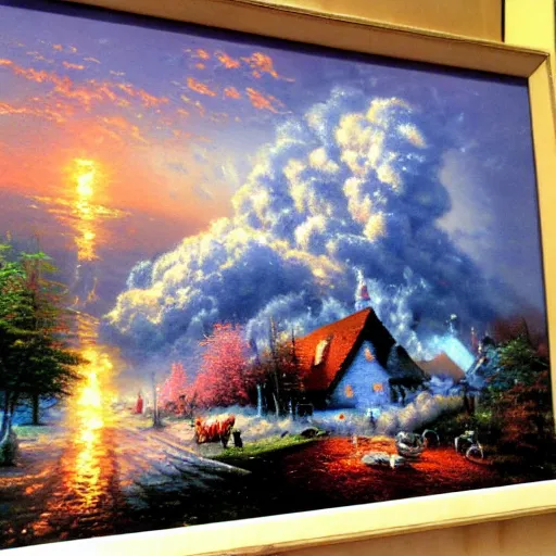 Prompt: mushroom clouds and nuclear bombs, the end of the world, oil painting by Thomas Kinkade, detailed, 4k