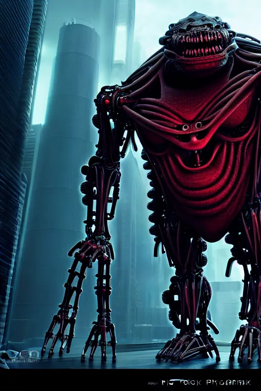 Image similar to photograph of a monstrous, bulky biomechanical creature that has a humanoid face, cinematic, realistic, hyperdetailed, futuristic, cyberpunk