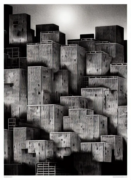 Image similar to habitat 67 city on fire, Mads Berg, Karolis Strautniekas, James Yang, film noir, stippled light, dramatic lighting,editorial illustration, detailed, matte print, a lone man