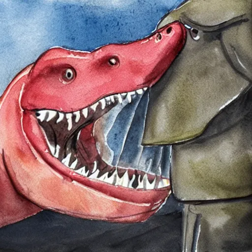 Prompt: photorealistic watercolor of a dinosaur licking a sleeping police officer