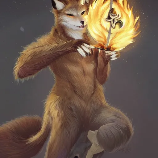 Image similar to male kitsune furry with dark fur, carries a tome, surrounded by floating fire orbs, shortsword, charismatic, young, dark clothing, elegant, digital illustration, detailed, intricate, sharp focus, digital painting, deep focus, digital painting, artstation, concept art, matte, art by artgerm and greg rutkowski and alphonse mucha