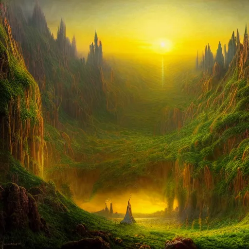 Image similar to a beautiful and highly detailed matte painting of the lost elven land of beautiful dreams, sunrise, celtic, psychedelic, epic scale, insanely complex, hyperdetailed, sharp focus, hyperrealism, artstation, cgsociety, 8 k, bright colors, by caspar friedrich, albert bierstadt, james gurney, brian froud,