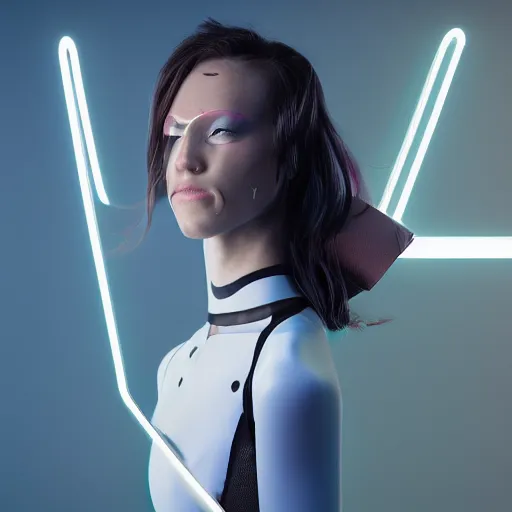 Image similar to a portrait of a female cyborg, fashion, streak lights, ligjt trail, color gel, photogtaphy, canon r 5, glowing, white background, 3 d render, unreal engine, white body suit, futuristic