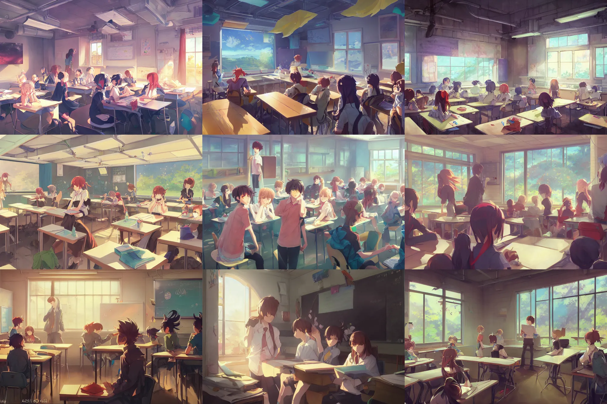 Prompt: high school classroom scene spring setting, expert high detail concept art, defined, vivid colors, sharp focus, realistic shaded lighting poster, makoto shinkai, rossdraws, loish art style, trending on art station, best selling artist