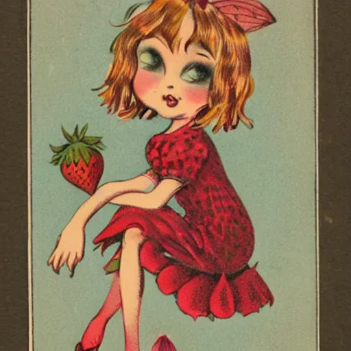 Prompt: vintage illustration of a strawberry pixie