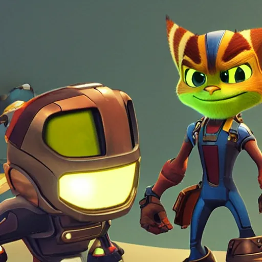 Prompt: ratchet and clank in 3d style meets robert downey jr.