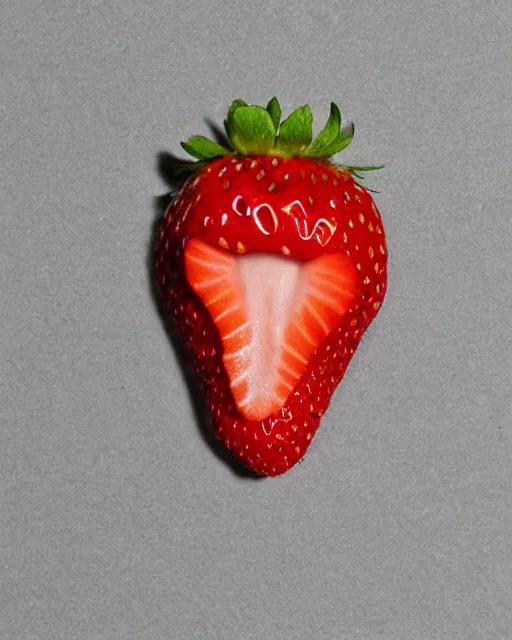 Prompt: a strawberry with the face of gary busey