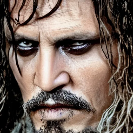 Image similar to symmetry!! photograph of johnny depp starring in the lord of the rings as aragorn, detailed - face!!, wide - angle!!, cinematic, intricate, elegant, highly detailed, film still, nikon, canon eos, zeiss lens, dramatic lighting, sharp - focus!!, photography!!