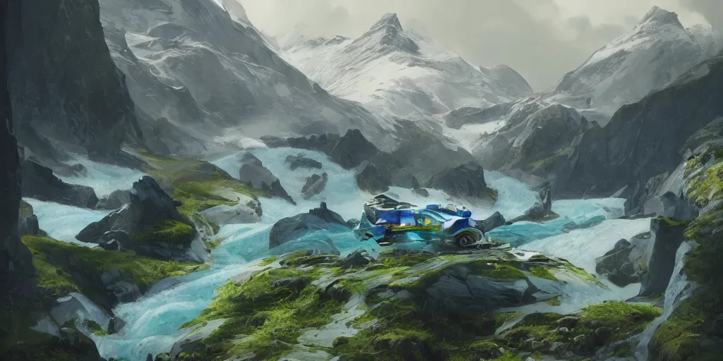 Image similar to wide angle, blue knight, green hatchback car, glacier landscape, norway, D&D, fantasy, intricate, elegant, highly detailed, digital painting, artstation, octane render, concept art, matte, sharp focus, illustration, hearthstone, art by Artgerm and Greg Rutkowski and Alphonse Mucha