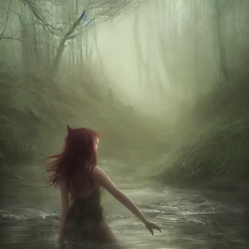 Image similar to forest child in a river, leesha hannigan, ross tran, fantasy, light, highly detailed faces, artwork, fog, forest