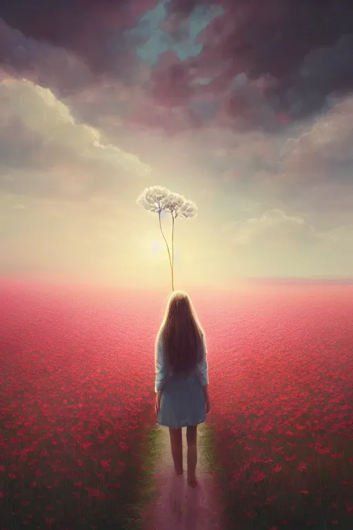 Image similar to giant white flower head, girl walking in a flower field, surreal photography, sunrise, dramatic light, impressionist painting, colorful clouds, digital painting, artstation, simon stalenhag