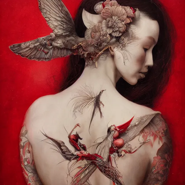 Image similar to ultra realistic illustration, beautiful woman dressed in red kimono, backview, tattoos, in the style of peter mohrbacher by weta digital and beth cavener, high face symmetry, intricate, masterpiece, award winning, high face symmetry, intricate