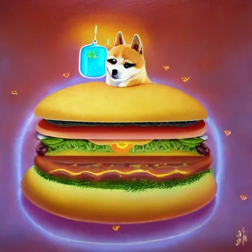 Prompt: a shiba inu dog inside a magical hamburger revealing your fate, oil painting