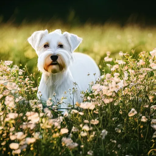 Prompt: white Schnauzer in a field full of flowers, with a sunset, photo realistic