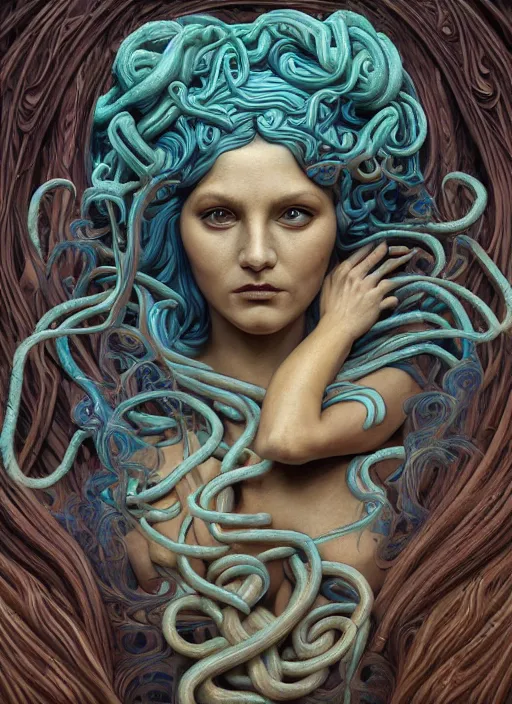 Image similar to medusa, wooden art nouveau swirls, strong subsurface scattering, cables, tubes, subsurface scattering, in the style of james jean and tomasz alen kopera and giger, subsurface scattering, mystical colors, rim light, soft lighting, 8 k, stunning scene, raytracing, octane render, trending on artstation