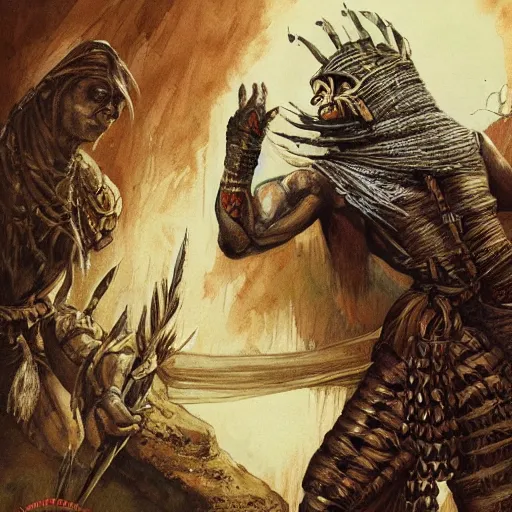 Prompt: The mummy touches the warrior's head with his hand, the jungle, high detail, old school dungeons and dragons art,