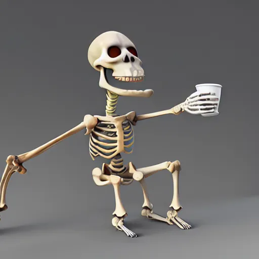 Prompt: 3d render pixar cartoon skeleton drinking a cup of coffee, hd octane render