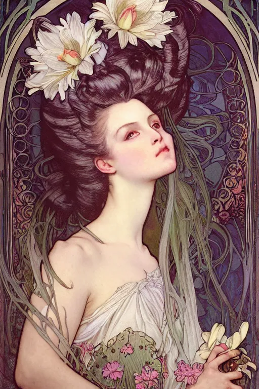 Prompt: realistic detailed face portrait of Marie Antoinette surrounded by lilies by Alphonse Mucha, Ayami Kojima, Amano, Charlie Bowater, Karol Bak, Greg Hildebrandt, Jean Delville, and Mark Brooks, Art Nouveau, Pre-Raphaelite, Neo-Gothic, gothic, rich deep moody colors