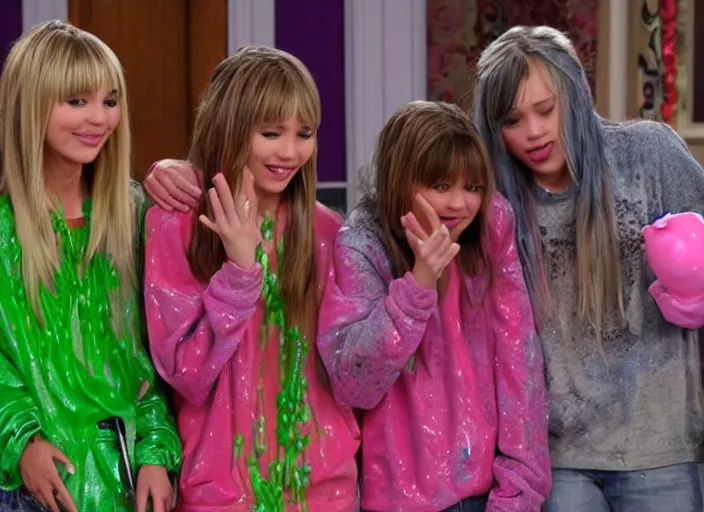 Image similar to the episode of Hannah Montana where everyone gets covered with nickelodeon slime hd