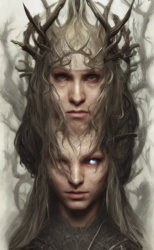 Image similar to portait of elven hunter hunting forest monster, symmetrical face features, front game card, drark, marvel comics, dark, intricate, highly detailed, smooth, artstation, digital illustration by ruan jia and mandy jurgens and artgerm and wayne barlowe and greg rutkowski and zdislav beksinski