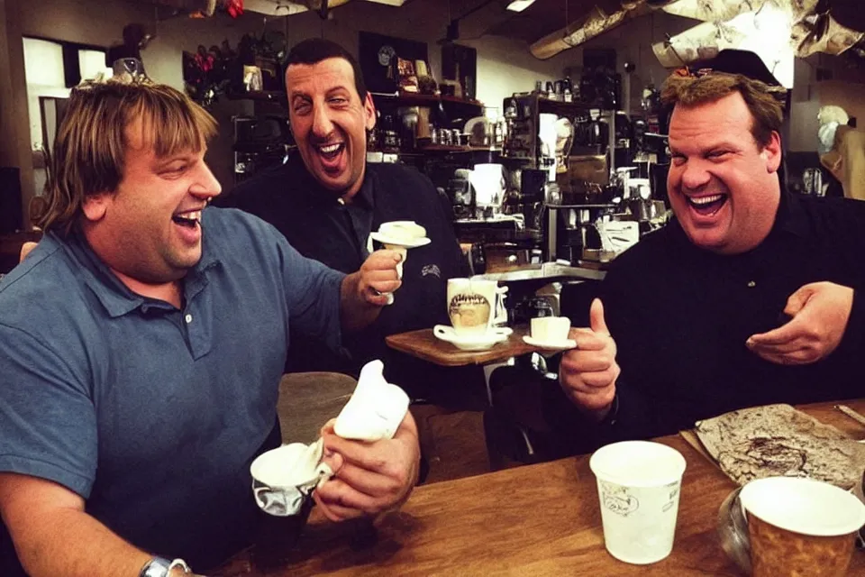 Prompt: “ adam sandler and chris farley old, sharing coffee at a coffeehouse, laughing about old times ”