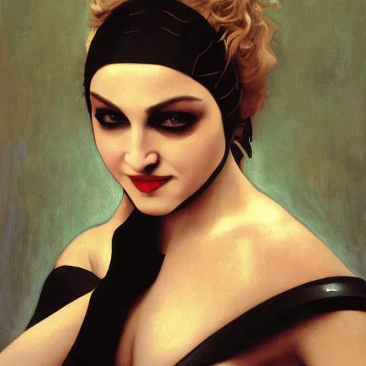 Prompt: Painting of Madonna as Catwoman from Batman Returns. Art by william adolphe bouguereau. Extremely detailed. Beautiful. 4K. Award winning.