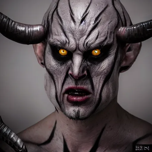 Image similar to a demon inspired by runes created by the make up artist hungry, photographed by andrew thomas huang, cinematic, expensive visual effects