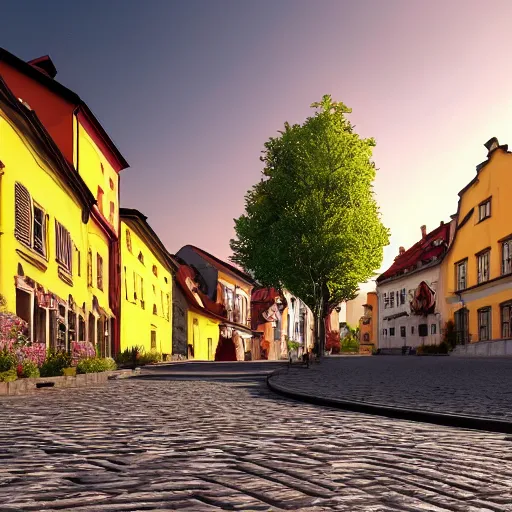 Prompt: a beautiful hyper realistic photo of banska stiavnica in summer, cobblestone pavement, with old houses and few trees in sunset, sky, v - ray, octane render, unreal engine, by greg rutkowski and james gurney, artstation