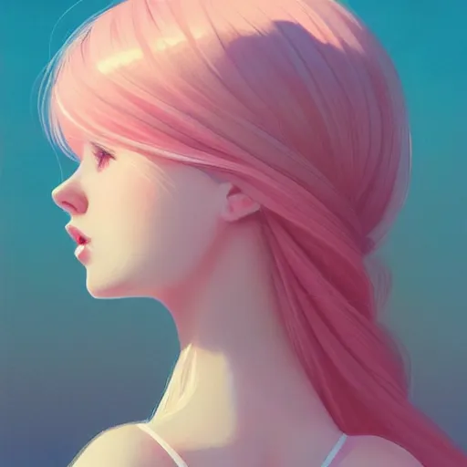 Image similar to young female in summer dress art, pastel light pink long hair, muted colors, matte print, pastel colors, ornate, digital art, digital painting, fan art, elegant, artstation, head is centered, by Ilya Kuvshinov