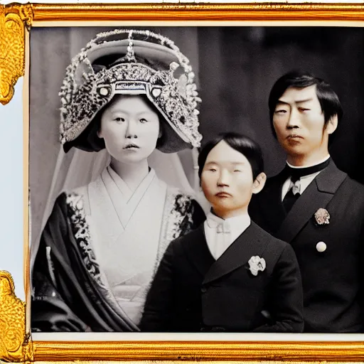 Image similar to An extreme closeup shot, colored black and white Russian and Japanese mix historical fantasy photographic portrait of a Royal wedding of the empress and emperor curtsying to the Priestess and Priest, golden hour, warm lighting, 1907 photo from the official wedding photographer for the royal wedding.