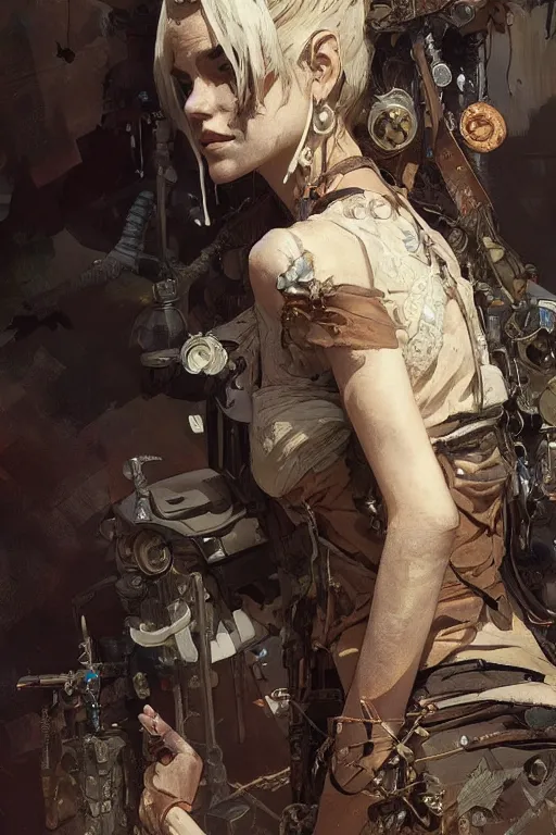 Prompt: A full portrait of a beautiful post apocalyptic offworld junk merchant, intricate, elegant, highly detailed, digital painting, artstation, concept art, smooth, sharp focus, illustration, art by Krenz Cushart and Artem Demura and alphonse mucha