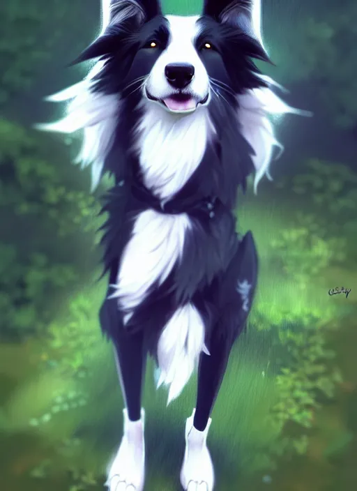 Image similar to wide angle beautiful full body portrait of a cute male anthropomorphic anthro border collie posing in front of a park, character design by charlie bowater, henry asencio, and ross tran, furry art, furaffinity, beautiful, glamor pose, detailed, aesthetic, trending on artstation