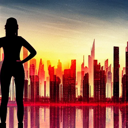 Prompt: a woman becoming digital data, in the background a big city, at sunset, cyberpunk style
