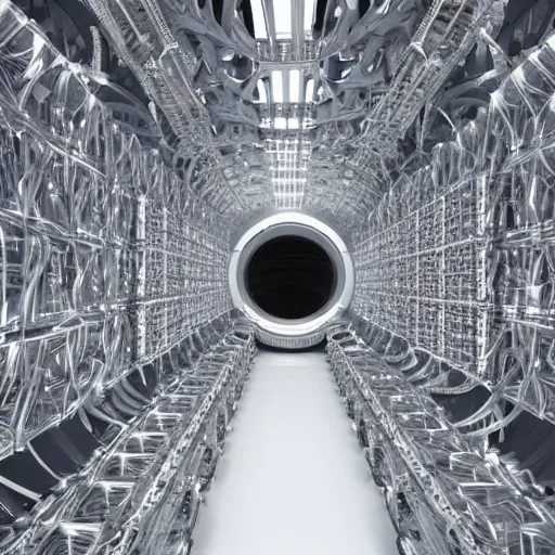 Prompt: quantum supercomputer, hadron collider, Kch atlas detector centered in a massive white chamber, millions of organized silver components by Giger, symmetrical, quantum geometry, qubits, superconductor piping, high tech, futuristic, shiny, rautrace, photorealistic, 8k, octane render