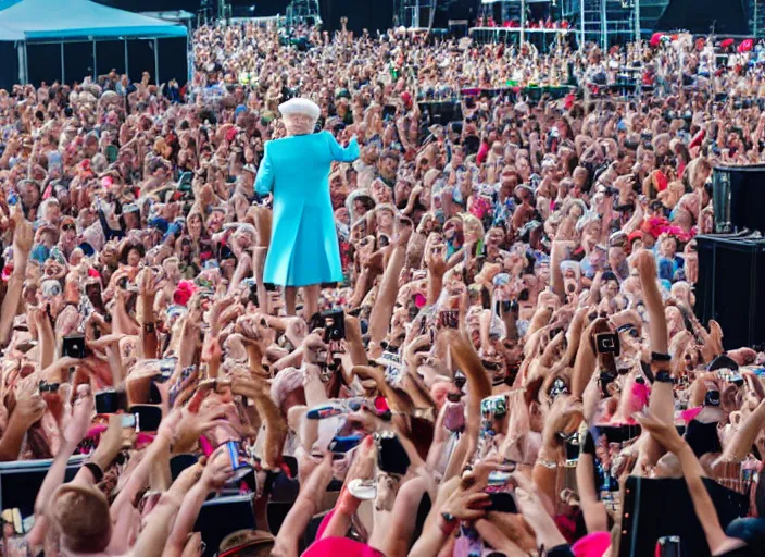 Prompt: photo still of queen elizabeth on stage at vans warped tour!!!!!!!! at age 7 0 years old 7 0 years of age!!!!!!! stage diving into the crowd, 8 k, 8 5 mm f 1. 8, studio lighting, rim light, right side key light