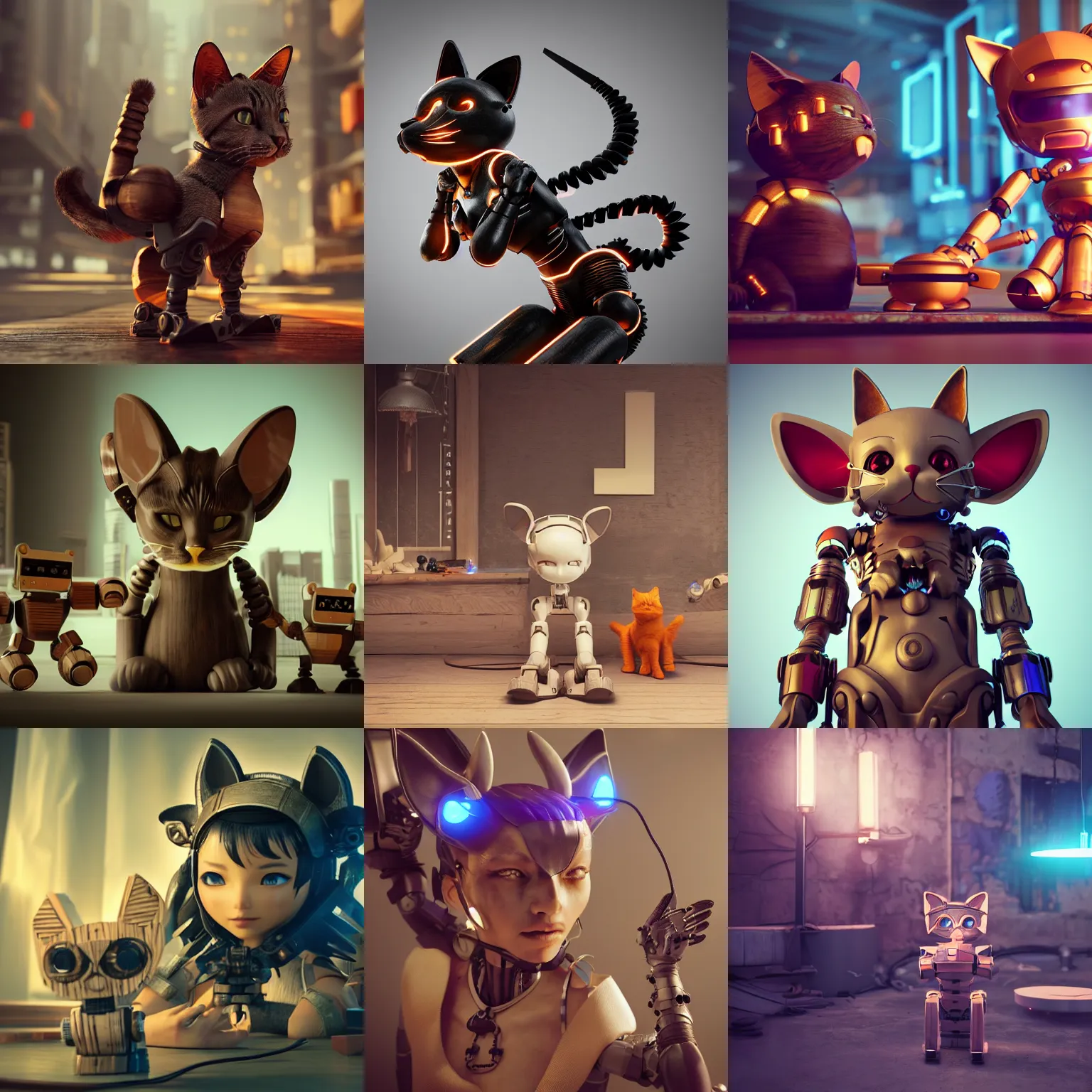 Prompt: 3 d octane render ultra 8 k photorealistic hyper detailed unreal engine an art wooden toys that represent a mythical robot your cute with cat ears cyberpunk