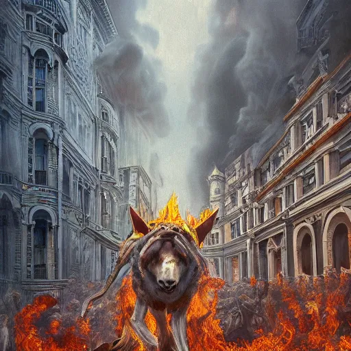 Image similar to giant quadruped creature walking through the center of a city with tall building on fire, extreme detail, abstract realism, highly ornate intricate details, 1 9 2 0's colored pencil, 4 k, cinematic lighting,