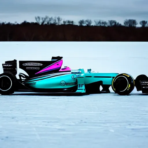 Image similar to an f1 car drifting across a frozen ice lake, cinematic shot