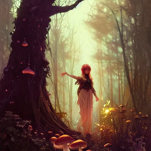 Image similar to A girl surrounded by magical mushrooms in an old forest setting with a full moon above her head, face, intricate, elegant, highly detailed, digital painting, artstation, concept art, smooth, sharp focus, illustration, art by Krenz Cushart and Artem Demura and alphonse mucha