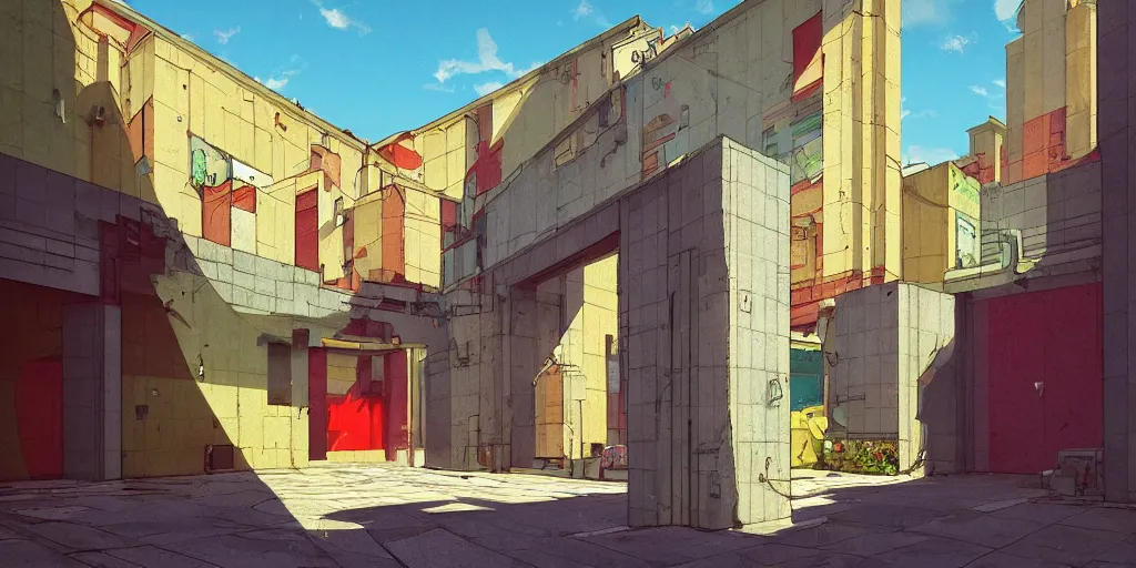 Prompt: neo brutralism, concrete housing, an archway, pathways, concept art, colorful, vivid colors, sunshine, light, shadows, reflections, oilpainting, cinematic, 3D, in the style of Akihiko Yoshida and Edward Hopper