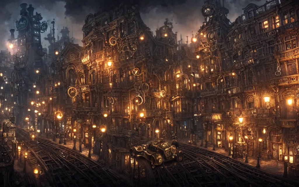 Image similar to an ultra wide angle view of a steampunk city made of clockwork, steamy, ominous, an ultrafine hyperdetailed illustration by kim jung gi, irakli nadar, intricate linework, octopath traveler, final fantasy, unreal engine 5, highly rendered, global illumination, radiant light, detailed and intricate environment