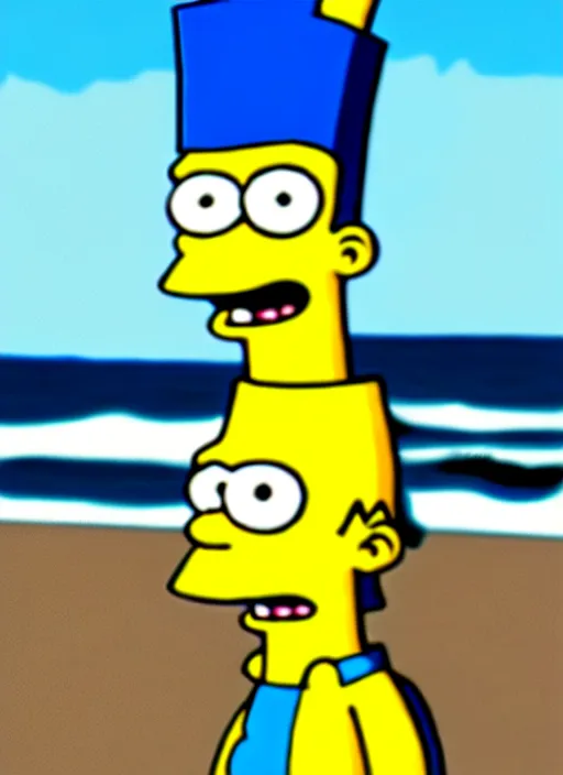 Image similar to professional photo of bart simpson, with muscular fit body and very very very detailed face, on the beach at noonday, blur background, original simpsons cartoon style