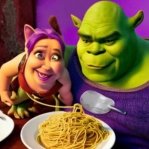 Image similar to Shrek and Thanos eating spaghetti at a fancy Italian restaurant, romantic candlelit dinner