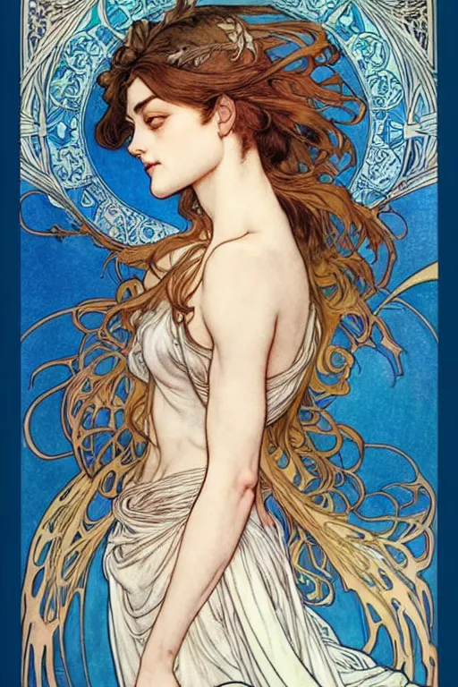 Image similar to in the style of artgerm, arthur rackham, alphonse mucha, phoebe tonkin, symmetrical eyes, symmetrical face, flowing blue skirt, hair blowing, intricate filagree, hidden hands, warm colors, cool offset colors