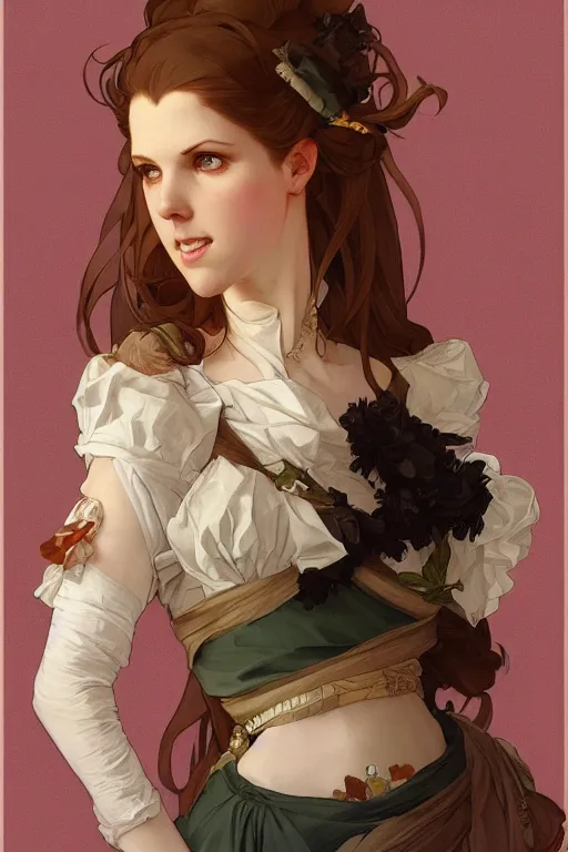 Prompt: beautiful maid who looks like anna kendrick, detailed full body portrait by Krenz Cushart and Artem Demura and Alphonse Mucha, amazing detail, stunning lines, flat colors, 4K, character design, concept art