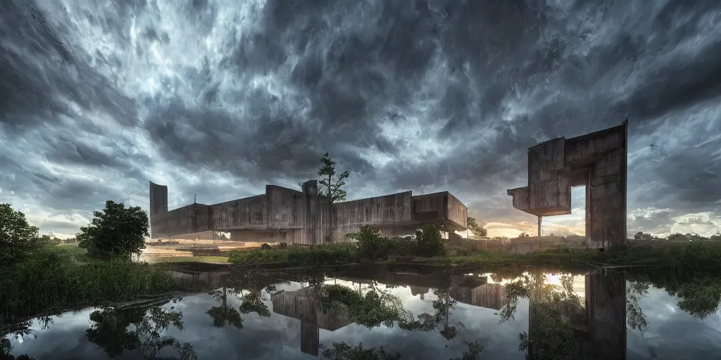 Image similar to an extremely detailed cathedral of brutalist architecture, surrounded by lush green forest, reflected in ponds of water, stunning volumetric lighting, sunset, rusted steel, smooth concrete, stunning skies, trending on Artstation, 8k, photorealistic, hyper detailed, unreal engine 5, IMAX quality, cinematic, epic lighting, in the style of Greg Rutkowski