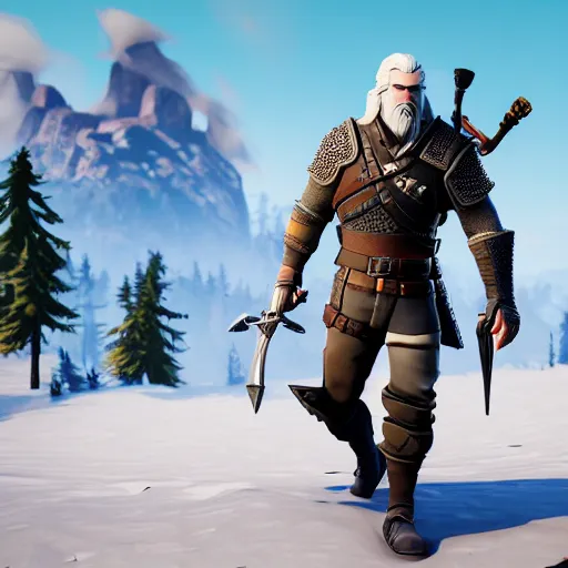 Prompt: Geralt of Rivia in Fortnite, screenshot, pc game