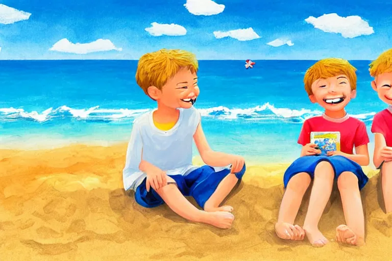 Prompt: Two happy children sitting on the beach making sandcastles, blue sky, HD, comic book frame by Benji Davies